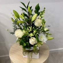 Load image into Gallery viewer, Serenity Box Arrangement - White & Green Flowers