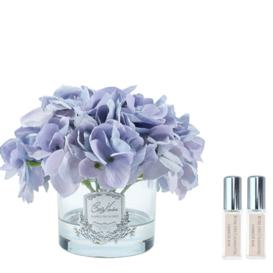 CÔTE NOIRE - HYDRANGEAS IN ROUND VASE - BLUE - SILVER BADGE - GMH05