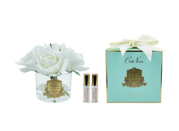 GMR92 CÔTE NOIRE - PERFUMED NATURAL TOUCH 5 ROSES - CLEAR - IVORY WHITE & GOLD BADGE - JADE TIFFANY BOX
