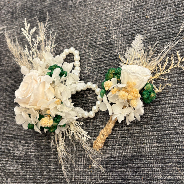 Wrist Corsages Set - Cream/White/Forrest Green