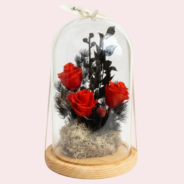 Red Rose & Berry  - Flower Glass Dome XL wt Seedlights