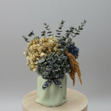 Load image into Gallery viewer, Dried Hydrangea, Eucalyptus &amp; Amaranthus Arrangement in Ceramic Bag Vase
