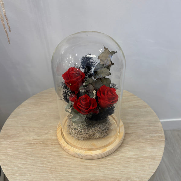Red Rose & Berry  - Flower Glass Dome XL wt Seedlights