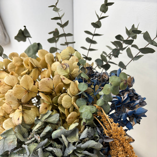 Dried Hydrangea, Eucalyptus & Amaranthus Arrangement in Ceramic Bag Vase