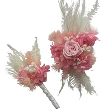 Load image into Gallery viewer, Pink Preserved Rose Wrist Corsage &amp; Buttonhole Set
