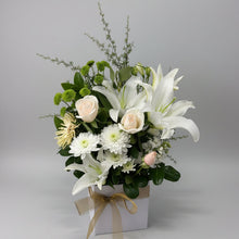Load image into Gallery viewer, Serenity Box Arrangement | White &amp; Green Flowers

