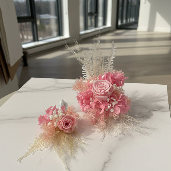 Pink Preserved Rose Wrist Corsage & Buttonhole Set