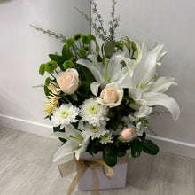 Load image into Gallery viewer, Serenity Box Arrangement | White &amp; Green Flowers
