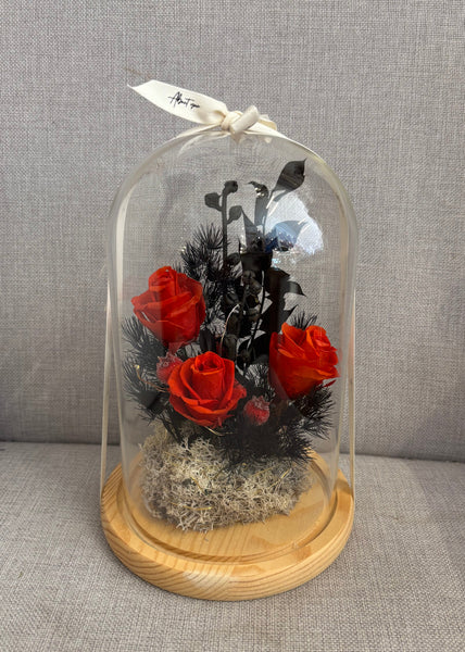 Red Rose & Berry  - Flower Glass Dome XL wt Seedlights