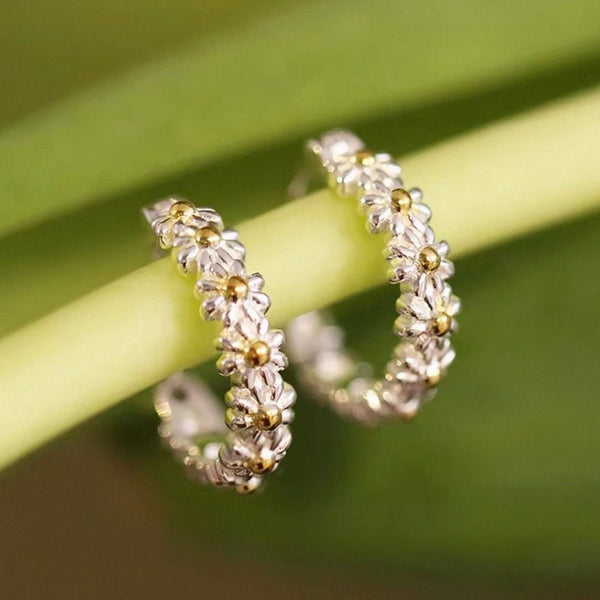 Sterling Silver - Flowers Hoops Earrings