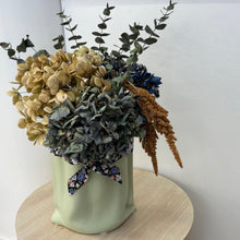 Load image into Gallery viewer, Dried Hydrangea, Eucalyptus &amp; Amaranthus Arrangement in Ceramic Bag Vase
