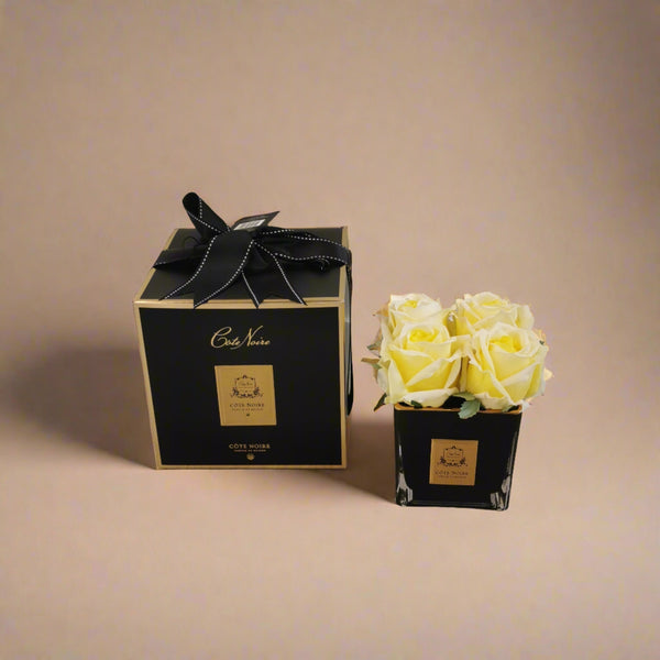 COUTURE PERFUMED NATURAL TOUCH 4 ROSES - SQUARE BLACK VASE GOLD & YELLOW - SVB408