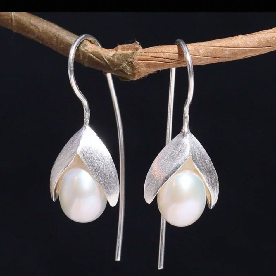 Pearl Flower Drop Earrings - Sterling Silver