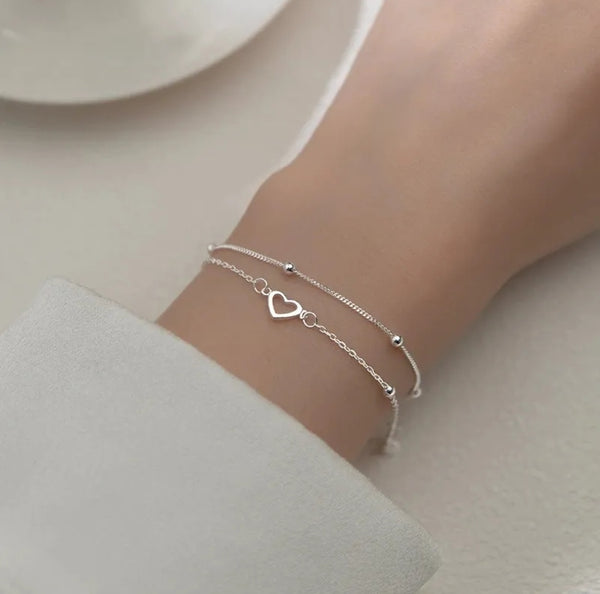 Double Loop Micro Heart Bracelet - Sterling Silver