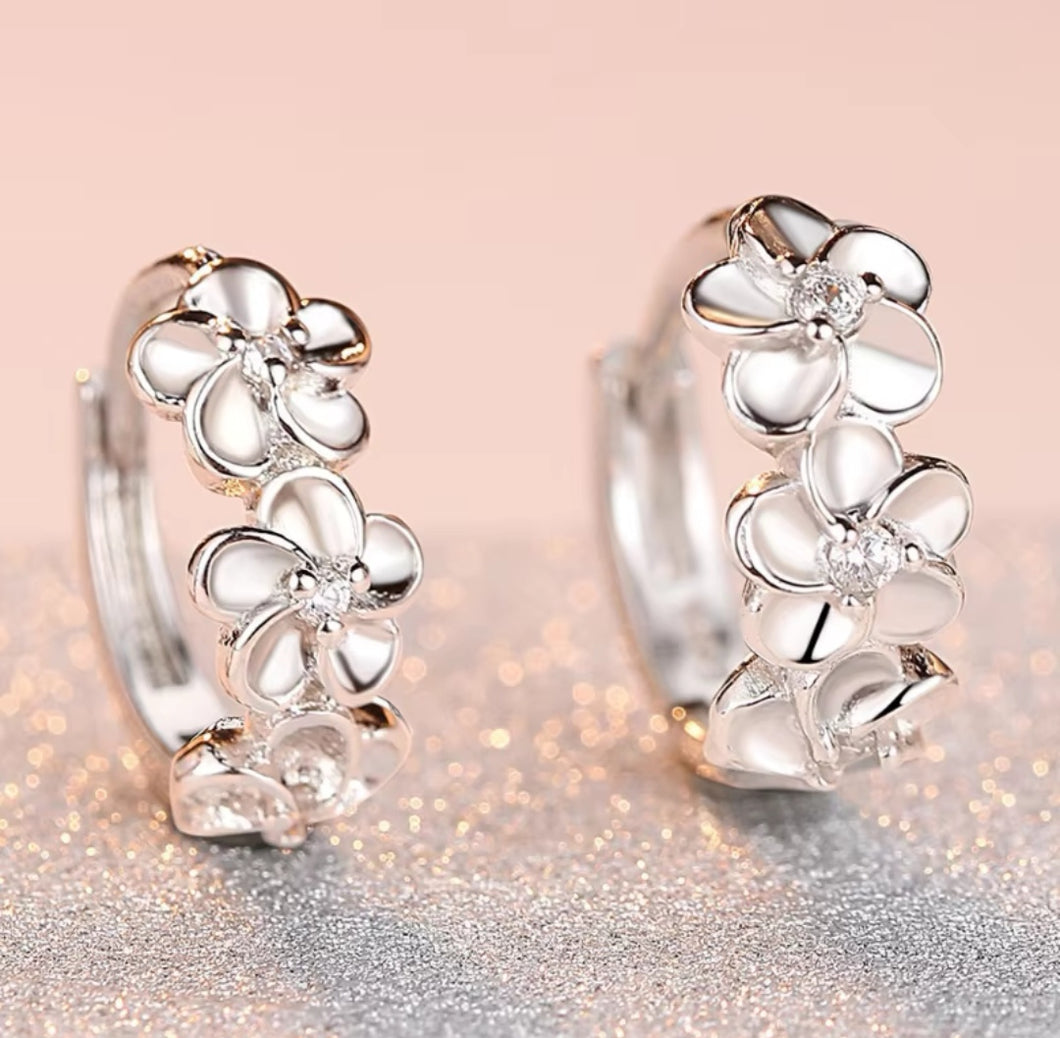 Triple Flower Huggies - Sterling Silver