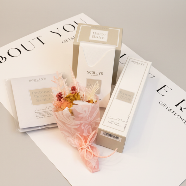 Laced Pear Gift Pack by Scullys NZ — body balm, luxury soap, perfume drawer sachet, room spray and micro dried bouquet