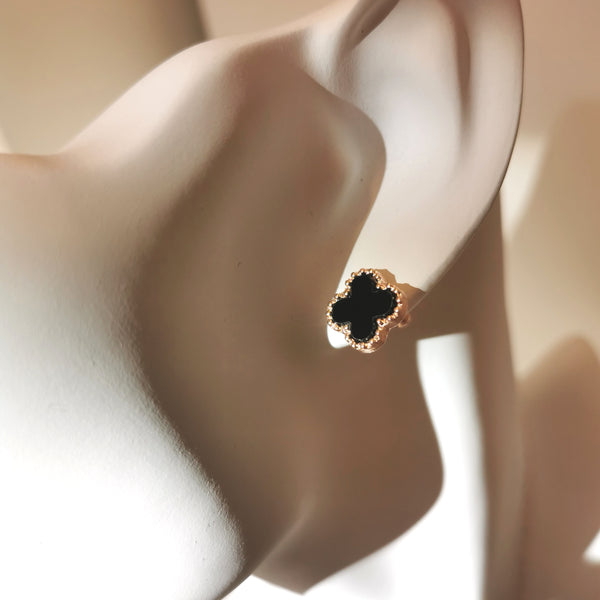 Four Leaf Clover Earring - Onyx Rose Gold